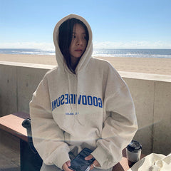Women's Grey Retro Long-Sleeved Loose Hoodie