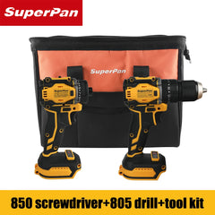 SuperPan 20V Cordless Brushless DCD805 electric drill & DCF850 Impact Driver Combo Kit with 15.5" Tool Bag Bare Tool