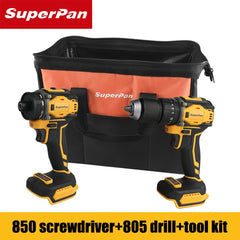 SuperPan 20V Cordless Brushless DCD805 electric drill & DCF850 Impact Driver Combo Kit with 15.5" Tool Bag Bare Tool