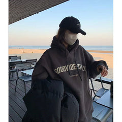 Women's Grey Retro Long-Sleeved Loose Hoodie